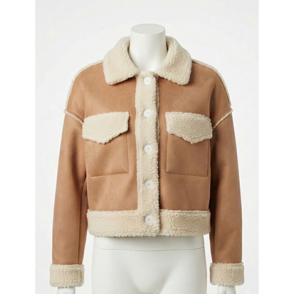 Stella Tweed Suede Sherpa Jacket Women's Size S Tan Cropped Faux Shearling Coat